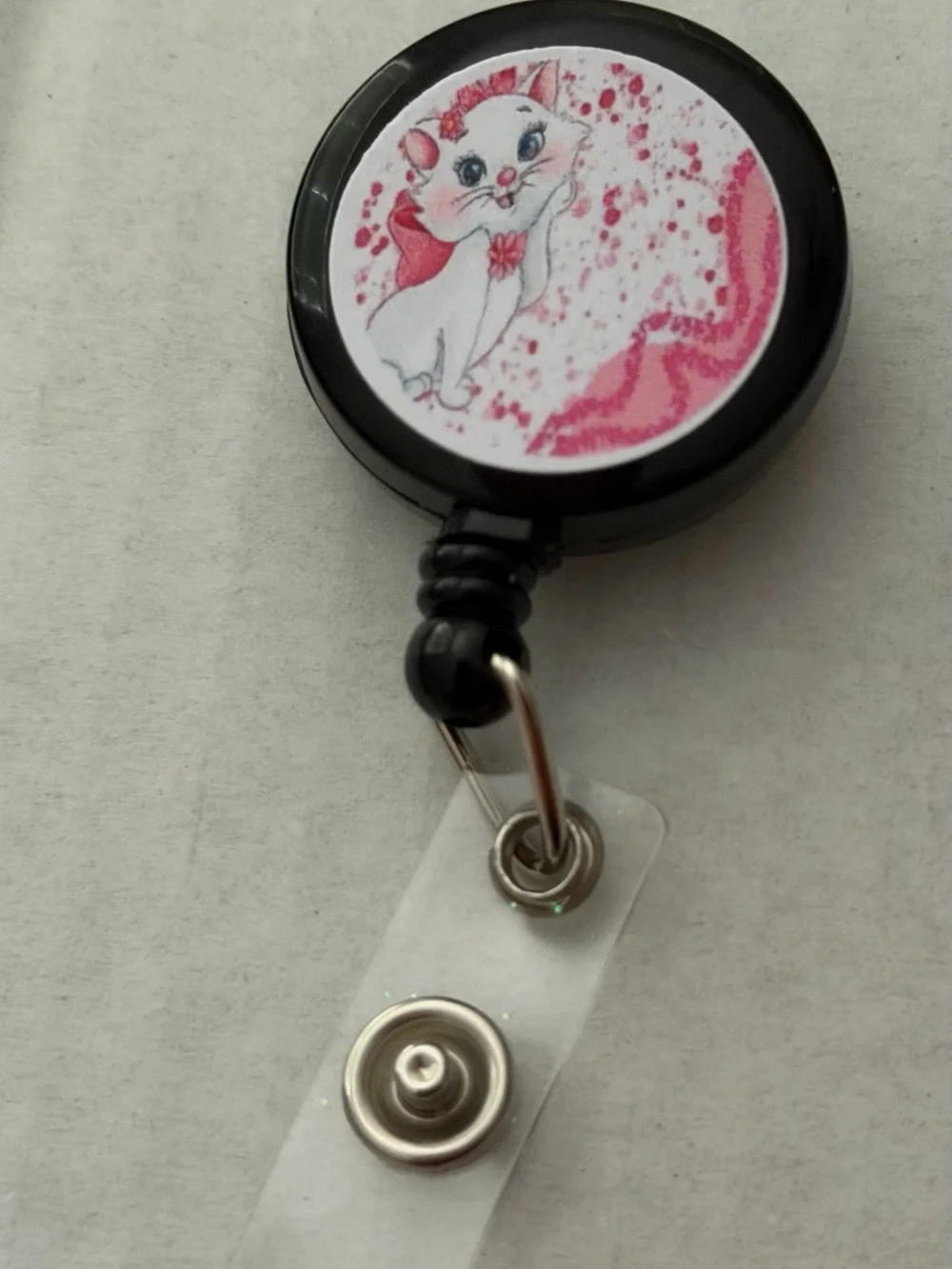Cute White Kitty Badge Reel with Pink Accent